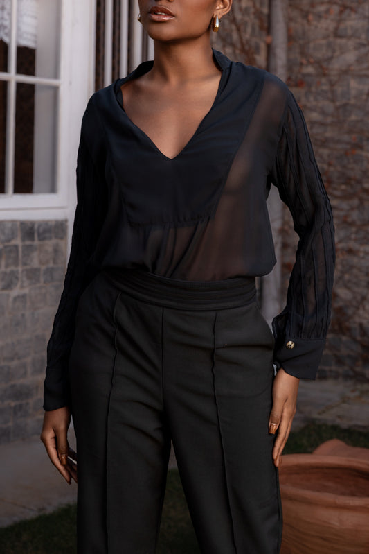 MODENA SHIRT WITH HANDCRAFTED BIAS TRIM - Black