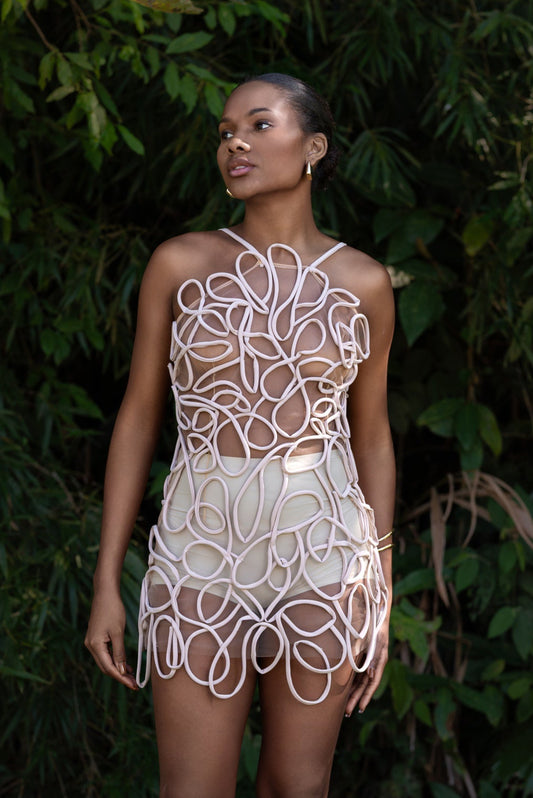 CAETÊ HANDMADE BIAS HALTERNECK MINI DRESS - Off White