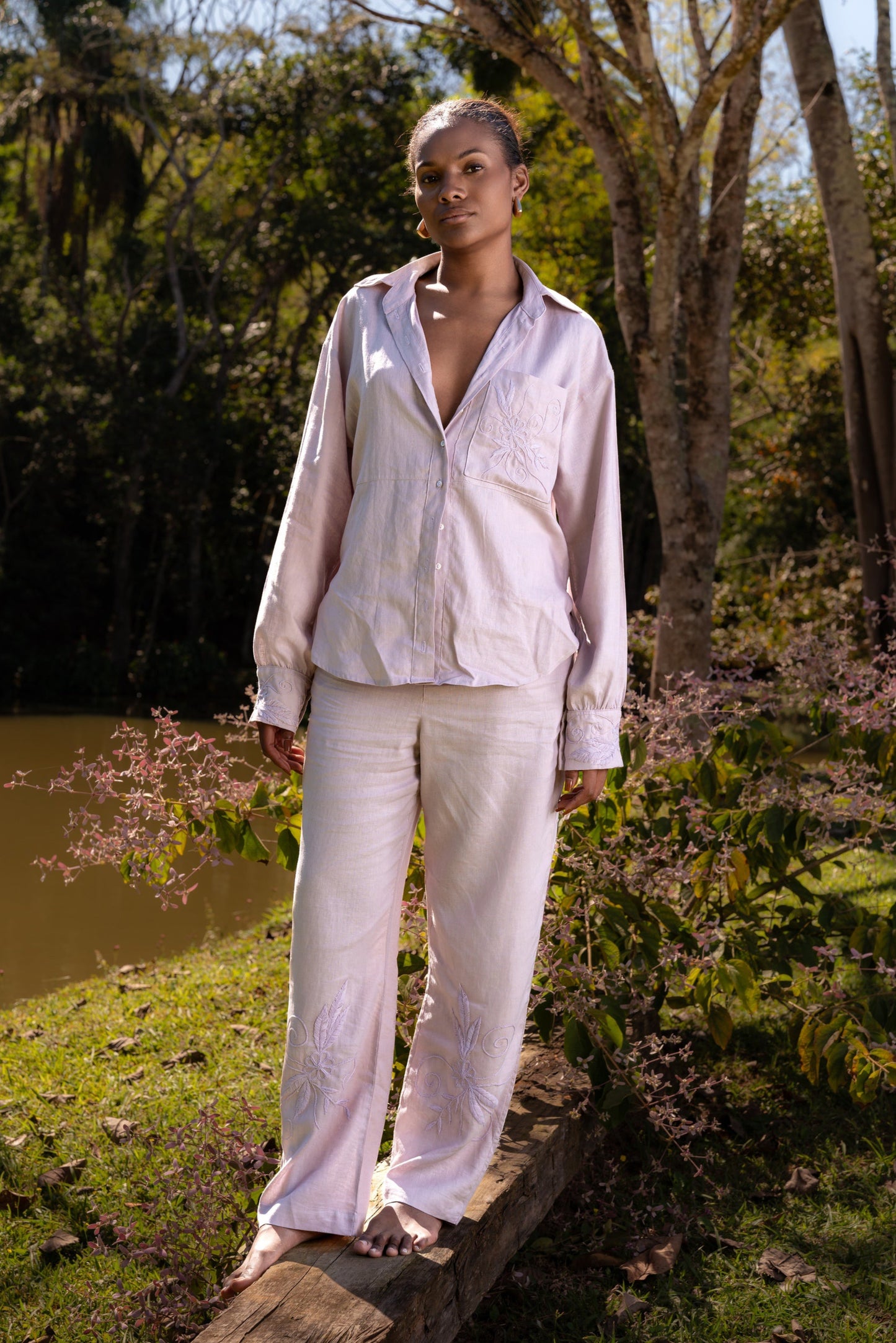 INHOTIM HAND-EMBROIDERED LINEN PANTS - Rose Mauve