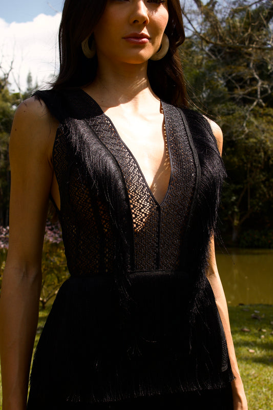 AMAPÁ FRINGE MAXI DRESS - Black