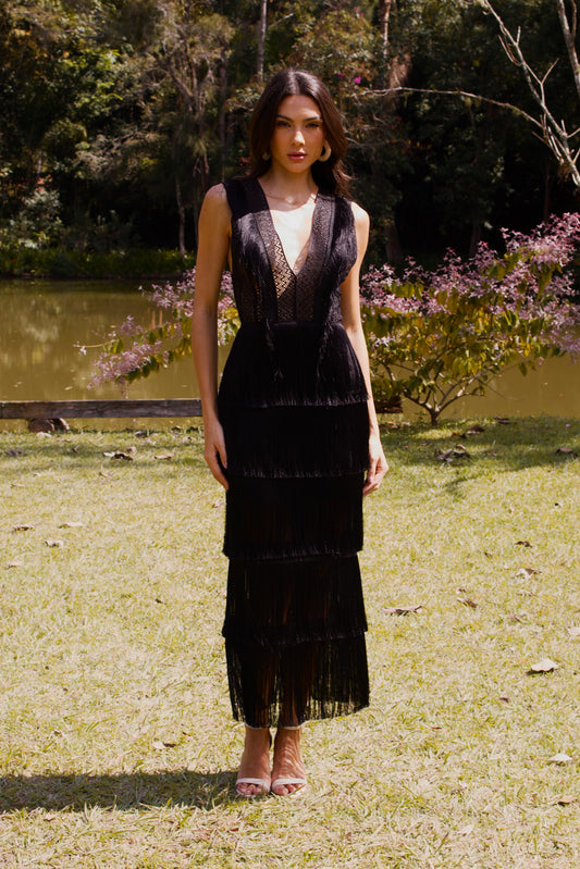 AMAPÁ FRINGE MAXI DRESS - Black