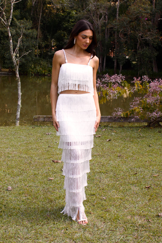 ITAPOÁ FRINGE MAXI SKIRT - White