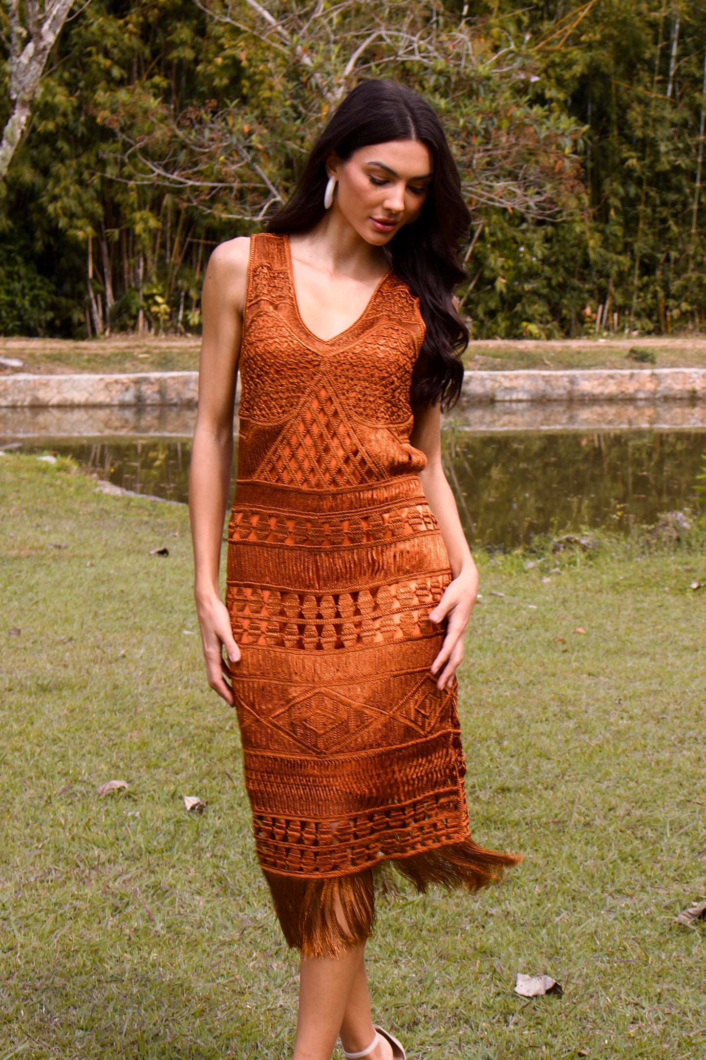 ARAGUAIA CROCHET MIDI DRESS WITH FRINGE - Caramel