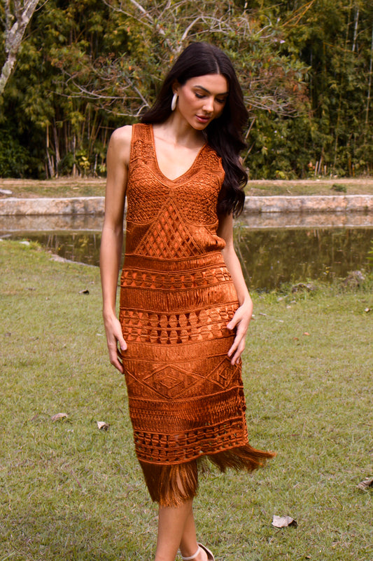 ARAGUAIA CROCHET MIDI DRESS WITH FRINGE - Caramel