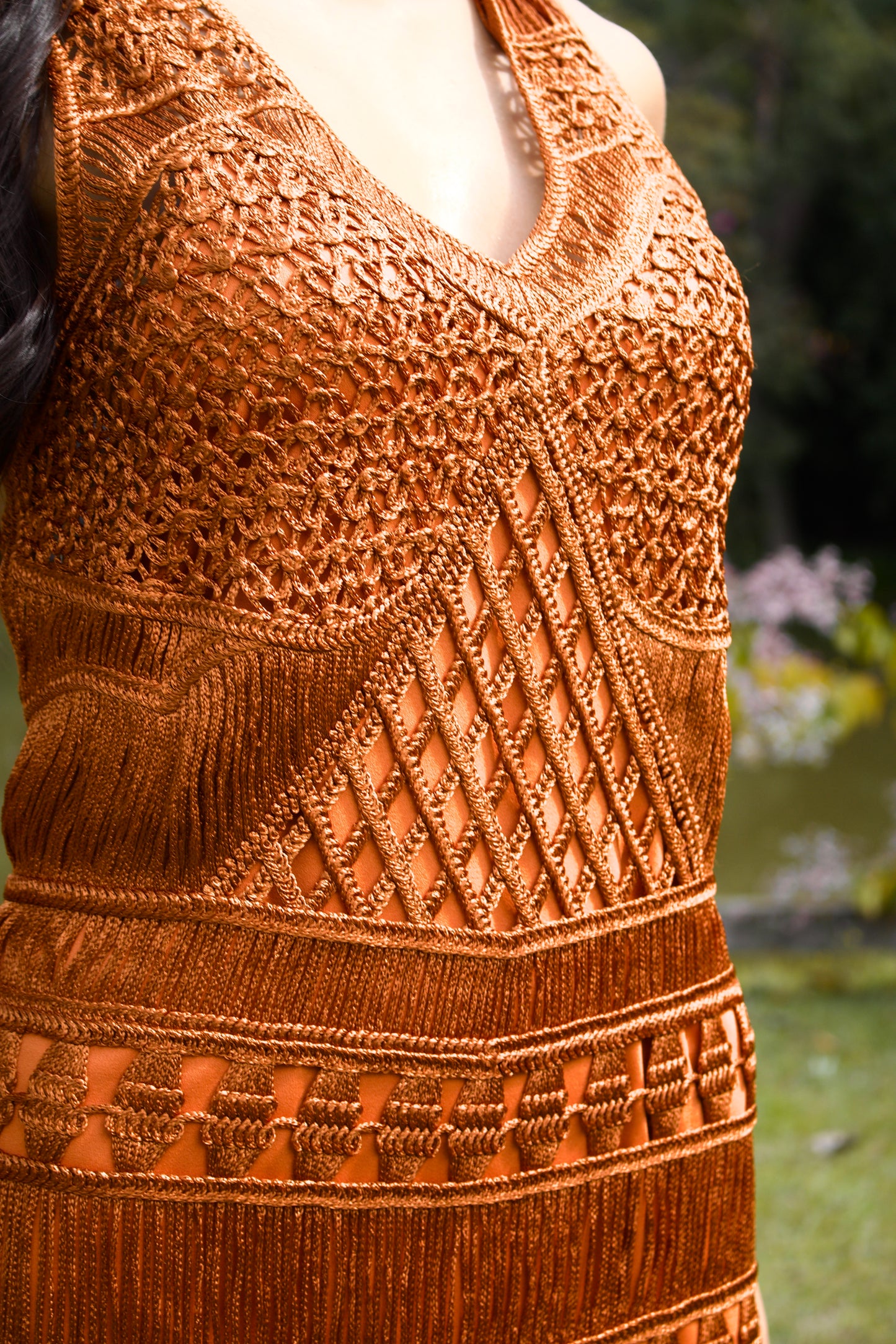ARAGUAIA CROCHET MIDI DRESS WITH FRINGE - Caramel