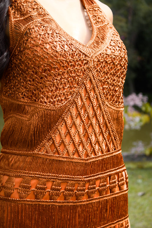 ARAGUAIA CROCHET MIDI DRESS WITH FRINGE - Caramel
