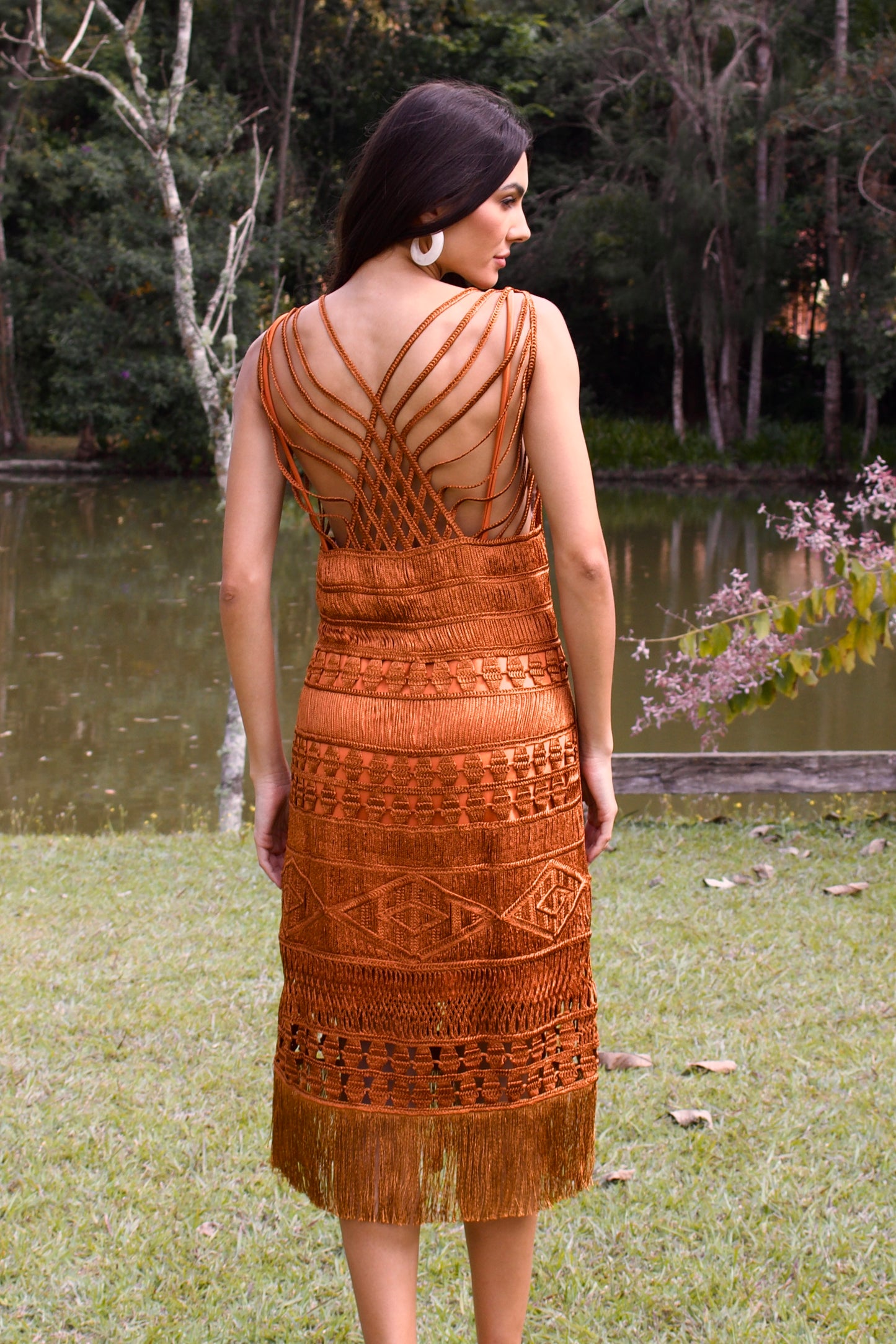 ARAGUAIA CROCHET MIDI DRESS WITH FRINGE - Caramel