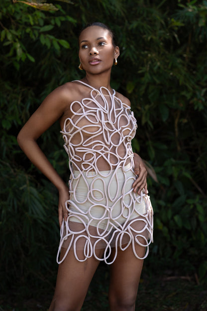 CAETÊ HANDMADE BIAS HALTERNECK MINI DRESS - Off White