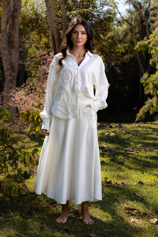 CAMBURI LINEN MIDI SKIRT WITH  HANDMADE CORD - Off White