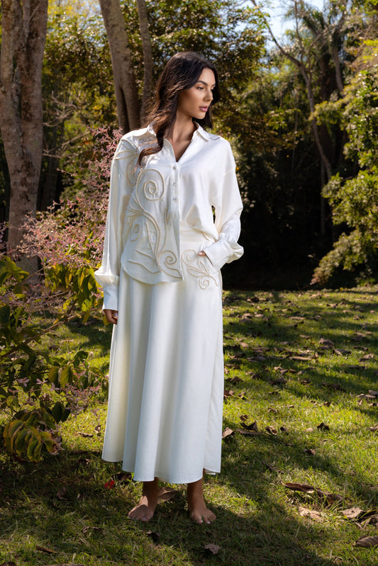 CAMBURI LINEN MIDI SKIRT WITH  HANDMADE CORD - Off White