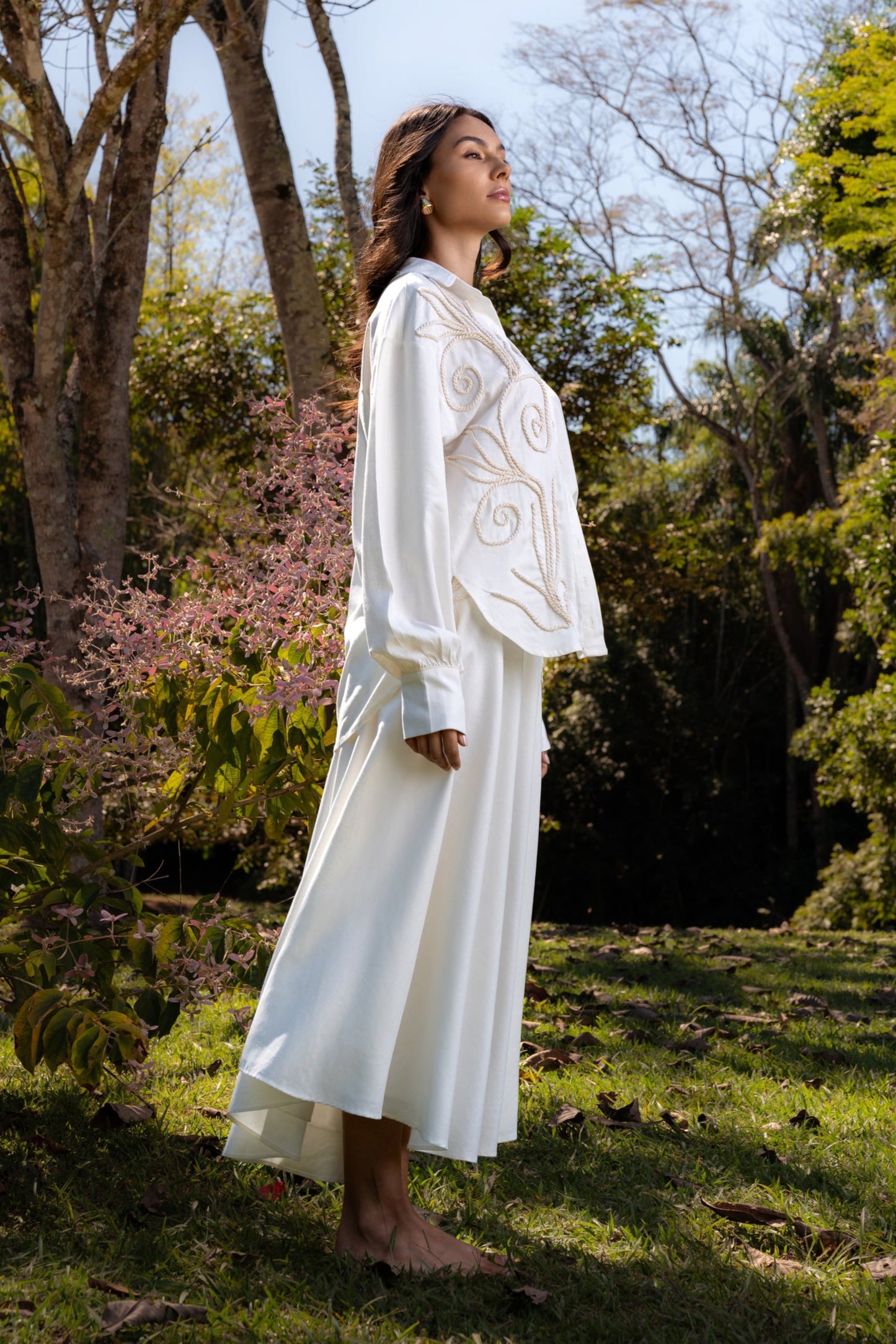 CAMBURI LINEN MIDI SKIRT WITH  HANDMADE CORD - Off White