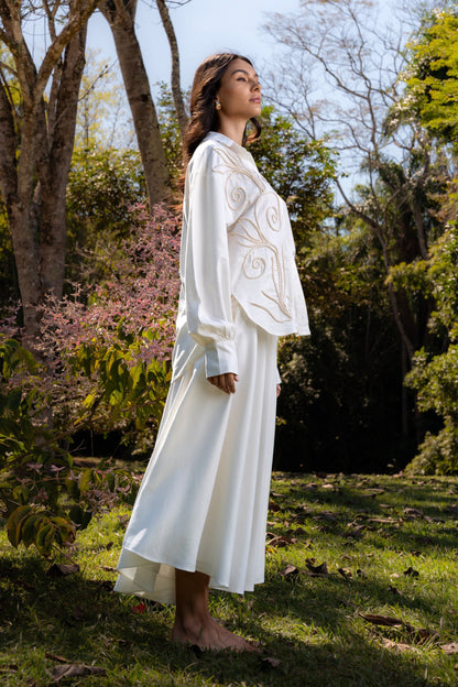 CAMBURI LINEN MIDI SKIRT WITH  HANDMADE CORD - Off White