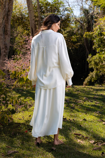CAMBURI LINEN MIDI SKIRT WITH  HANDMADE CORD - Off White