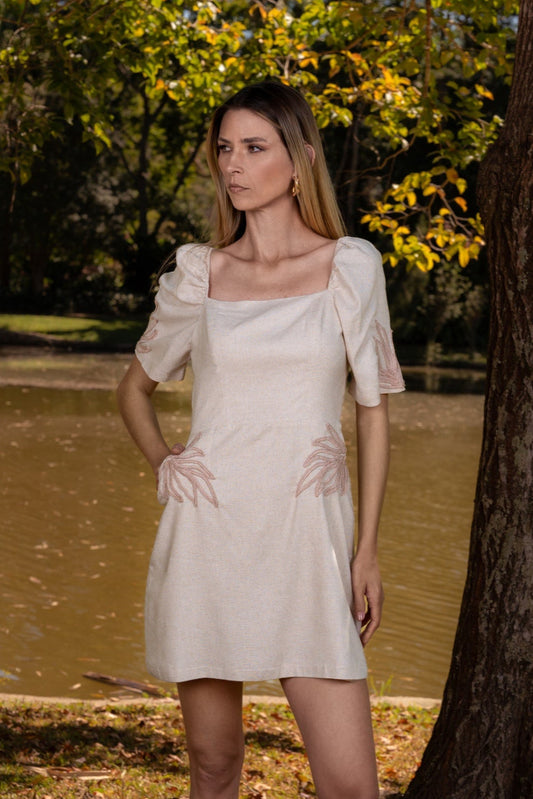 ARRAIAL LINEN MINI DRESS WITH HANDMADE CORD - Off White