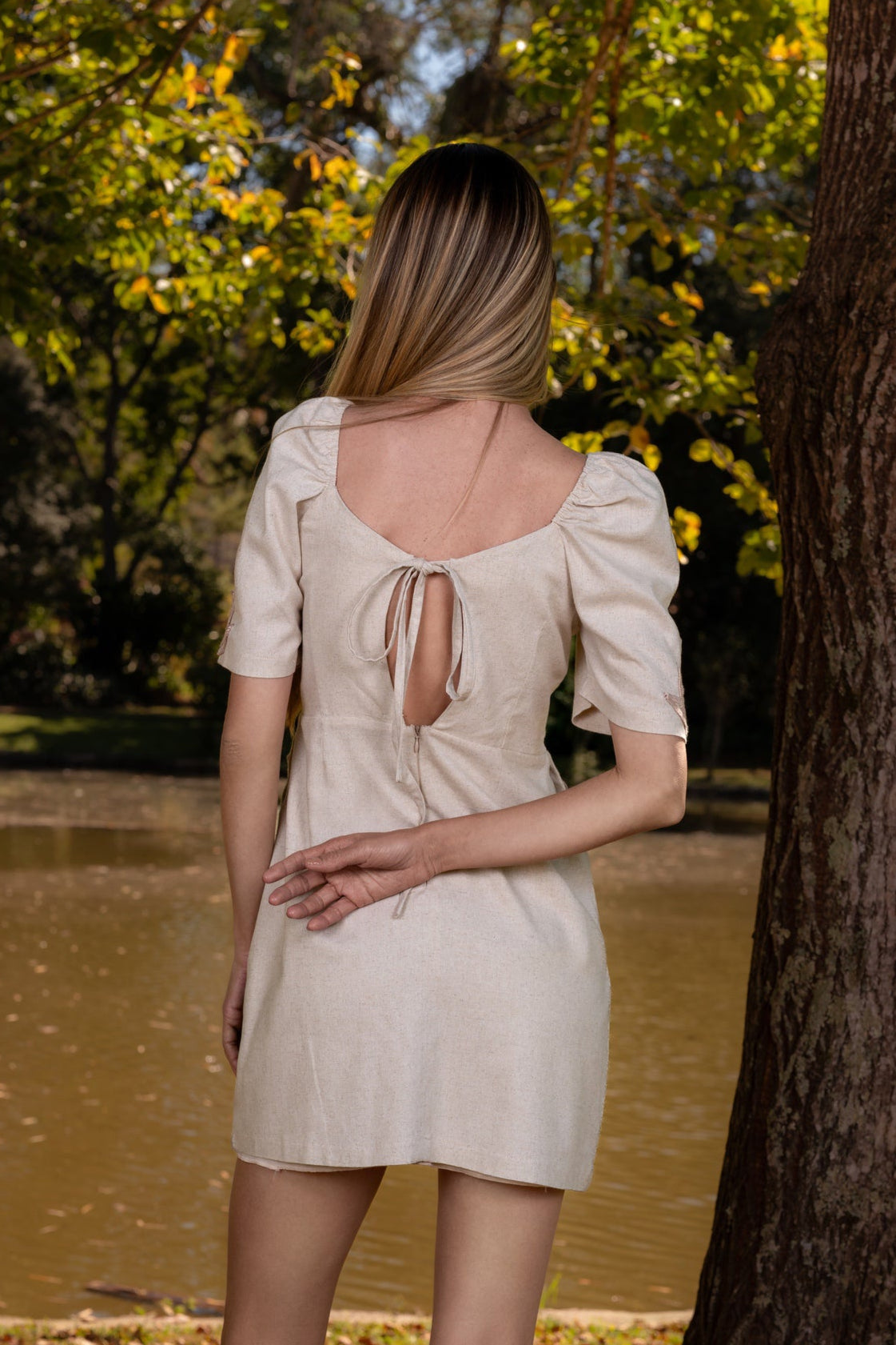 ARRAIAL LINEN MINI DRESS WITH HANDMADE CORD - Off White