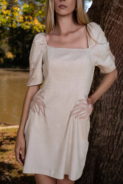 ARRAIAL LINEN MINI DRESS WITH HANDMADE CORD - Off White