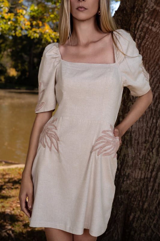 ARRAIAL LINEN MINI DRESS WITH HANDMADE CORD - Off White