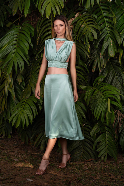 DIAMANTINA SILK MIDI SKIRT - Mint Green