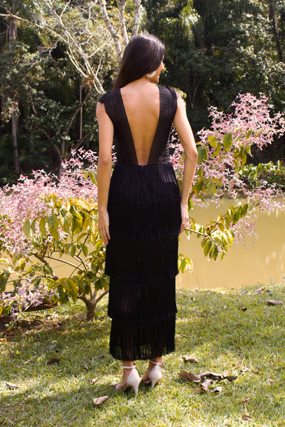 AMAPÁ FRINGE MAXI DRESS - Black