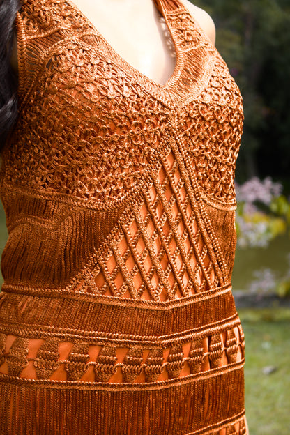 ARAGUAIA CROCHET MIDI DRESS WITH FRINGE - Caramel