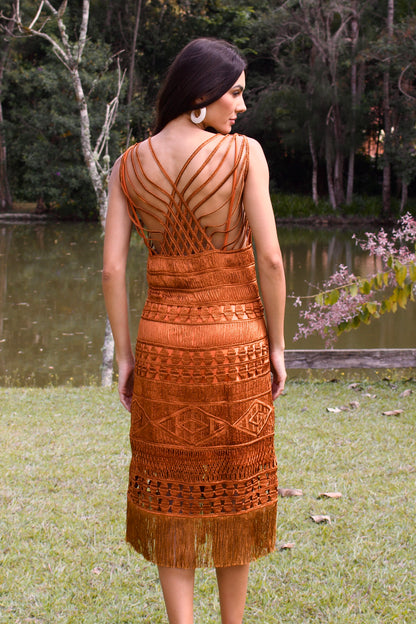 ARAGUAIA CROCHET MIDI DRESS WITH FRINGE - Caramel